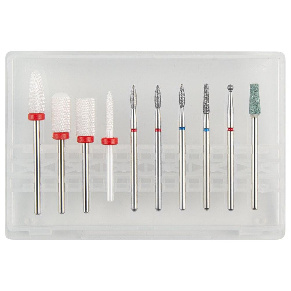Sada 10ks fréz na manikúru Keramické vrtáky na nehty Čistič kartáč Diamantový mlýnek Příslušenství pro odstranění gelového laku