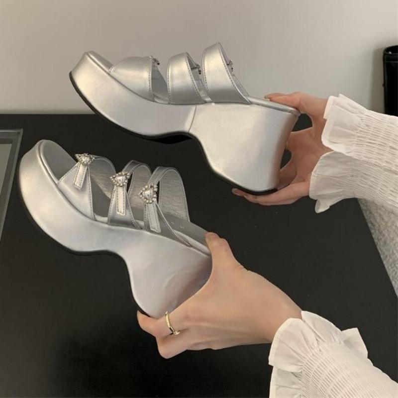 Fashion Heeled Slippers Woman Platform Sandals Summer Belt Crystals Buckle Chunky Shoes Black High Heels Zapatos De Mujer Sandals Woman