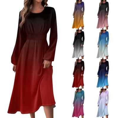 Women's Autumn And Winter Casual Fashion Round Neck Long Sleeve Print Long Dress