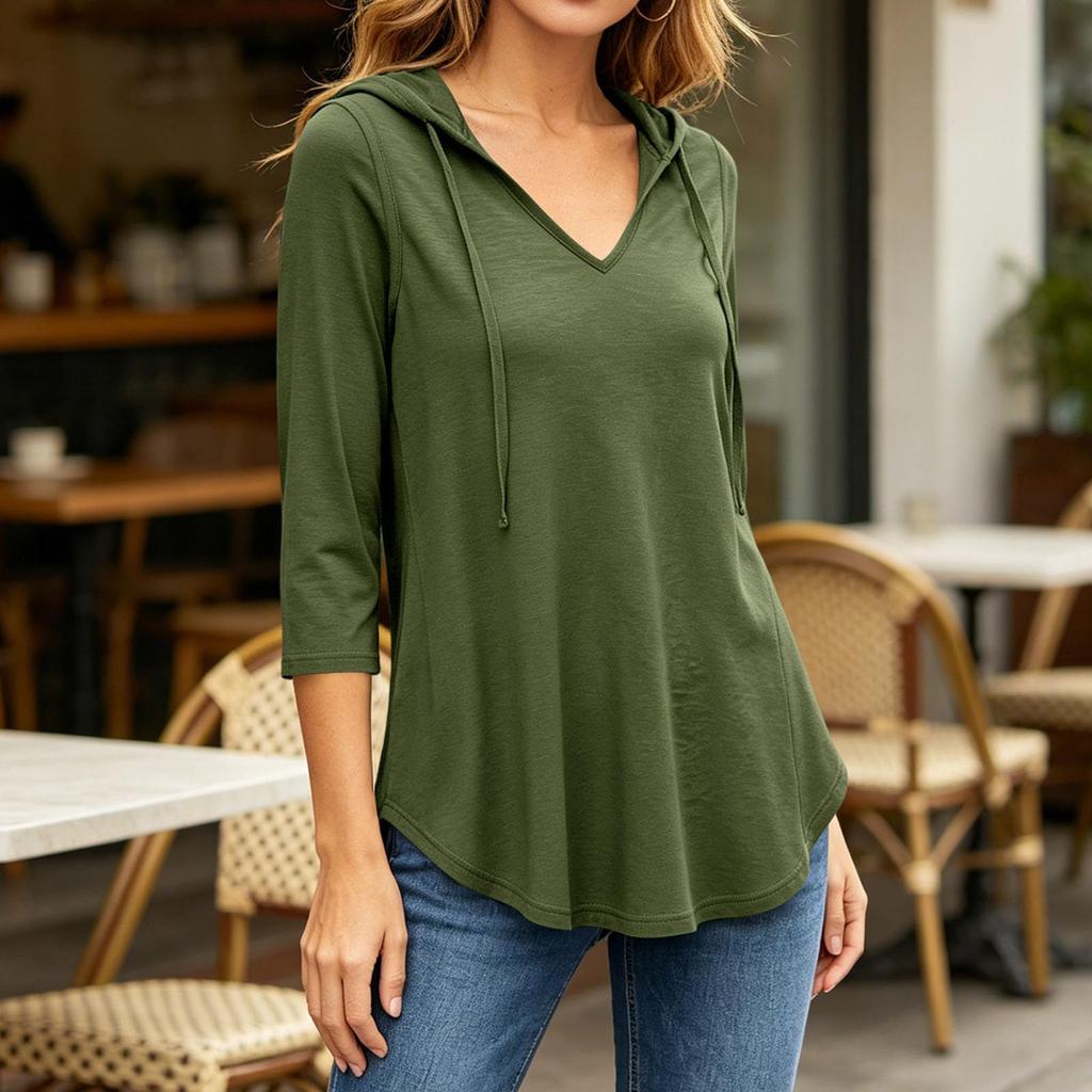 Women's Casual Hooded Top with 3/4 Sleeves Loose Fit Blouse for Everyday Wear