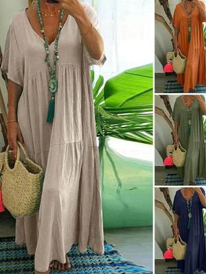 European & American Plus Size V-neck Pure Cotton & Linen Short Sleeve Dress