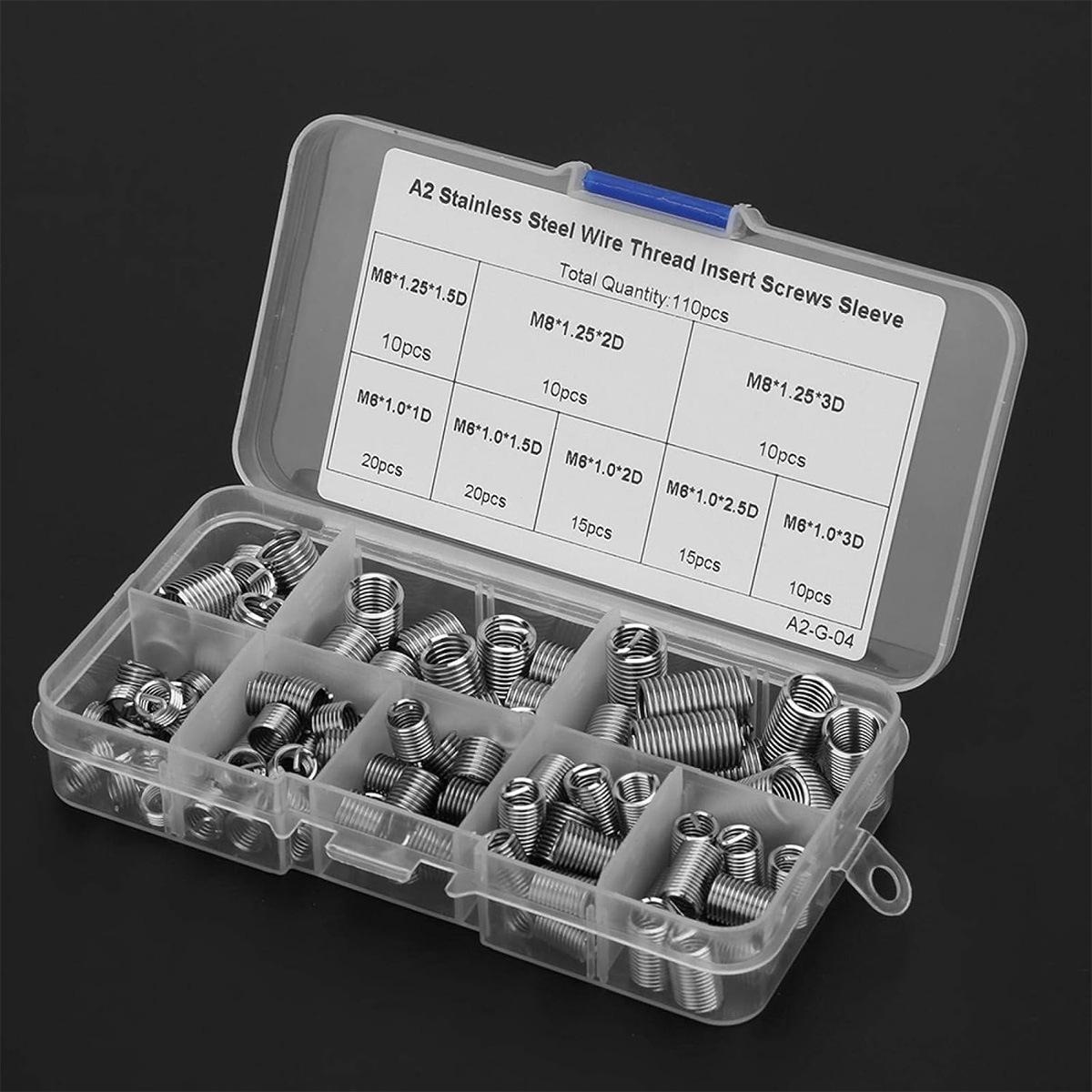 

110Pcs M6 M8 Stainless Steel Threaded Insert Coiled Wire Screw Bushing Thread Set Helical Thread Recovery Kit One Size