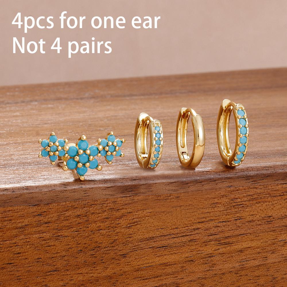 4PCS Fashion Stainless Steel Zircon Round Hoop Earrings Set For Women European Simple Hoops Flower Ear Stud Wedding Jewelry
