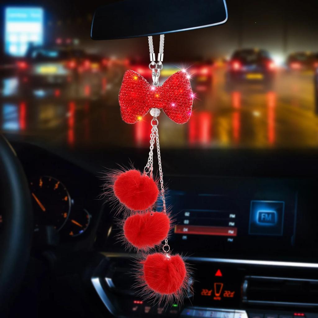 Fashion Diamond Bowknot Pendant Car Rearview Mirror Hanging Decoraction Ornament Christmas Birthday Gift Women's Car Accessories