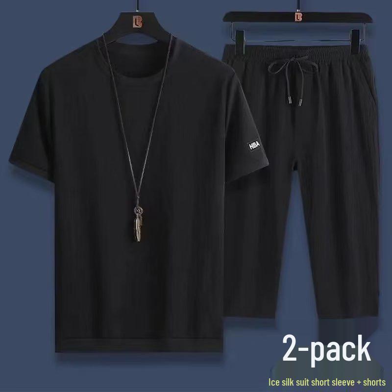 

Мужской летний повседневный спортивный костюм-двойка: Дышащая футболка с коротким рукавом и укороченные брюки 4XL чёрный