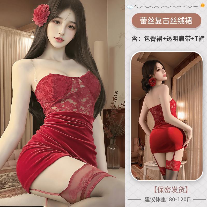 French Golden Velvet Sexy Splicing Lace Waist Tube Top Skirt Pure Desire Lingerie Dress