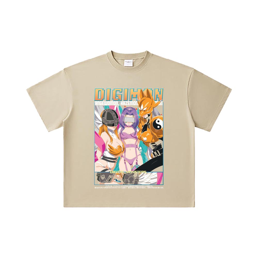 260 GSM Double Yarn 32 Count 100% Cotton Digimon V6 Waifus Print Unisex Heavy Cotton T Shirt