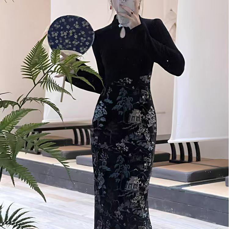 Modernes Schwarzes Samt-Cheongsam-Kleid für Damen - Herbst/Winter High-End-Mode