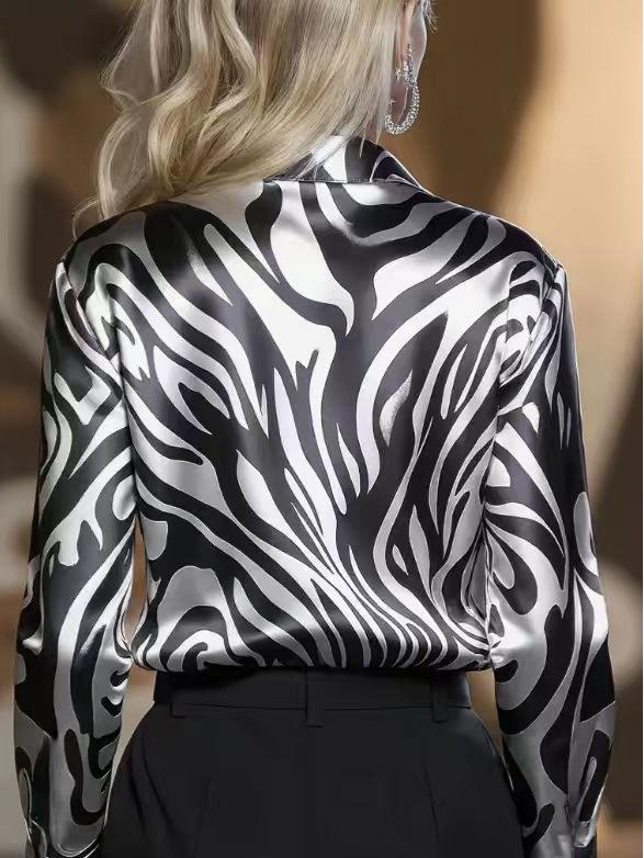 Elegant Zebra Print Satin Shirt - Long Sleeve, Seasonal Women's Fashion