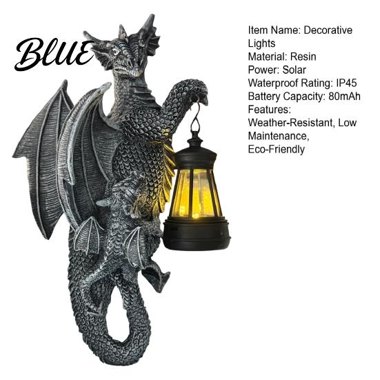 Fantasy Garden Ornament Solar-Powered Dragon Statue Outdoor with LED Glow Medieval Decor Weather-Resistant Resin for Patio Wall Fence Lighting Solar