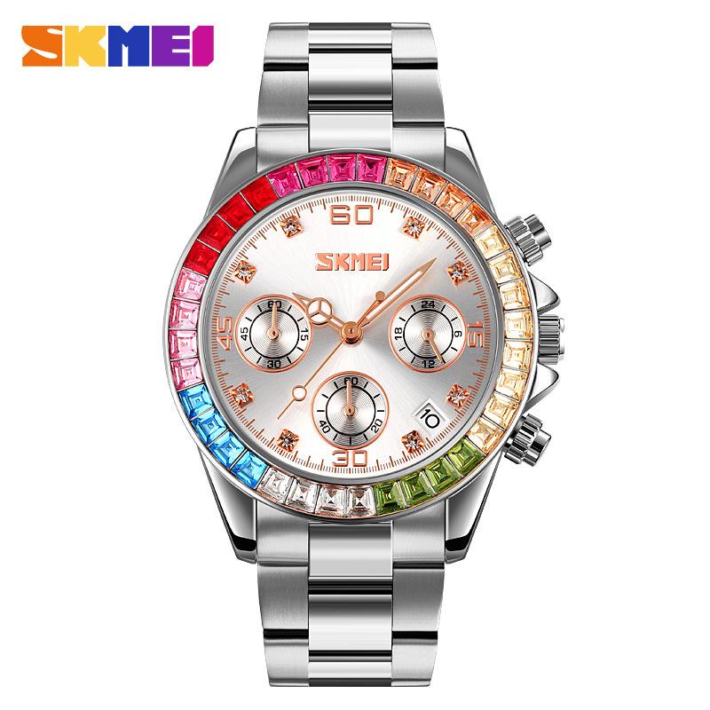 

Женские наручные часы с календарем, цветным циферблатом из горного хрусталя, повседневные деловые женские наручные часы из розового золота и серебра из нержавеющей стали белый