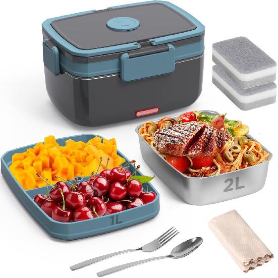 Electric Lunch Box for Adults – 90W Portable Food Warmer with 2L Stainless Steel & 1L Fruit Container, 12V/24V/110V Heated Lunch Box for Car,
