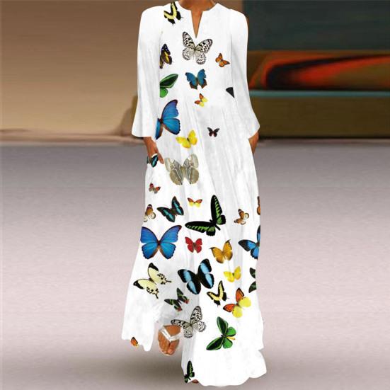Women Maxi Dress Vintage Butterfly Print Oversized Long Sleeve V Neck Loose  Hem Ankle Length Soft Breathable A-line Lady Long Dress Buy cheaply on Joom