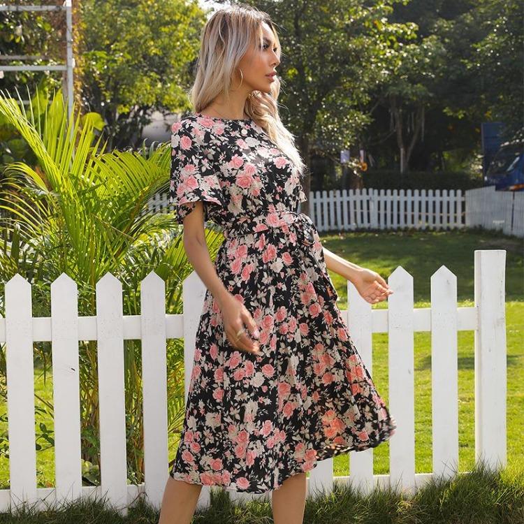 

Women Summer Floral Print Long Dress Casual High Waist Slim Belt O Neck Short Butterfly Sleeve Sizes S to XL Fall S чёрный