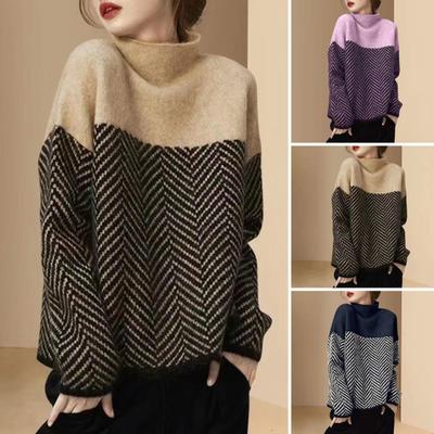 Women Sweater Half High Collar Long Sleeve Color-Blocked Loose Fit Knitting Top Autumn