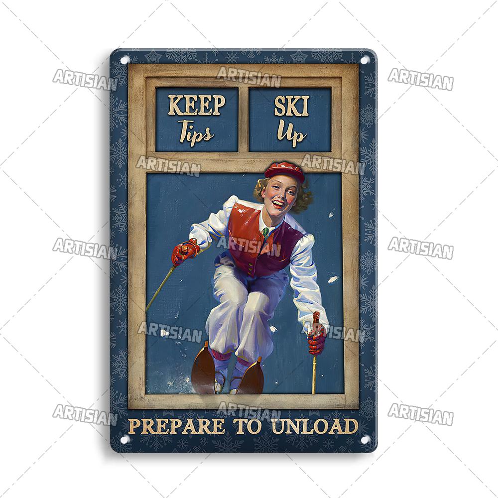 Artisian Skiing Snowboarding Metal Poster Sledding Tin Plaque Sport Decorative Plate Wall Decor Garage Bar Pub Club Hotel Cafe