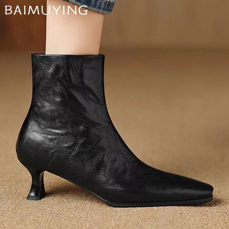 Spitze Zehenpartie Damen Stiefeletten Leder Elegant Designer Mittelhohe Absätze Schuhe Neue Marke Trend Winter Klassische Pumps Botas De Mujer