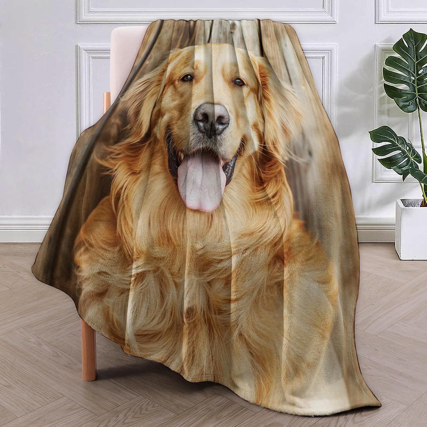 Cute Golden Retriever Dog Blanket Gifts for Women Girls Soft Warm Lightweight Cozy Plush Wooden Animal Dog Throw Blankets for Be 75x90cm