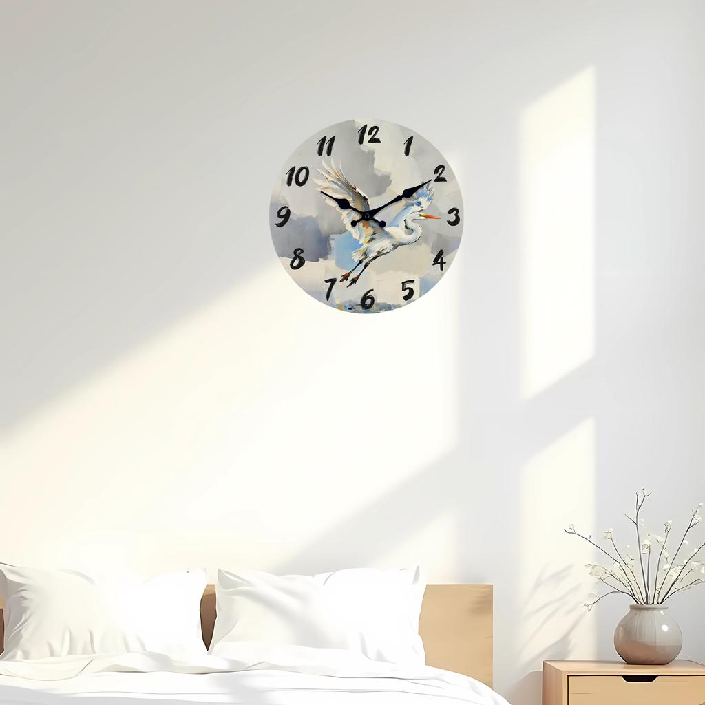 Superior-Grade Flying Top-Grade Egret Nature-Themed First-Class Wooden Top-Grade Wall High-Standard Clock 10-16Inch High-Standard Silent