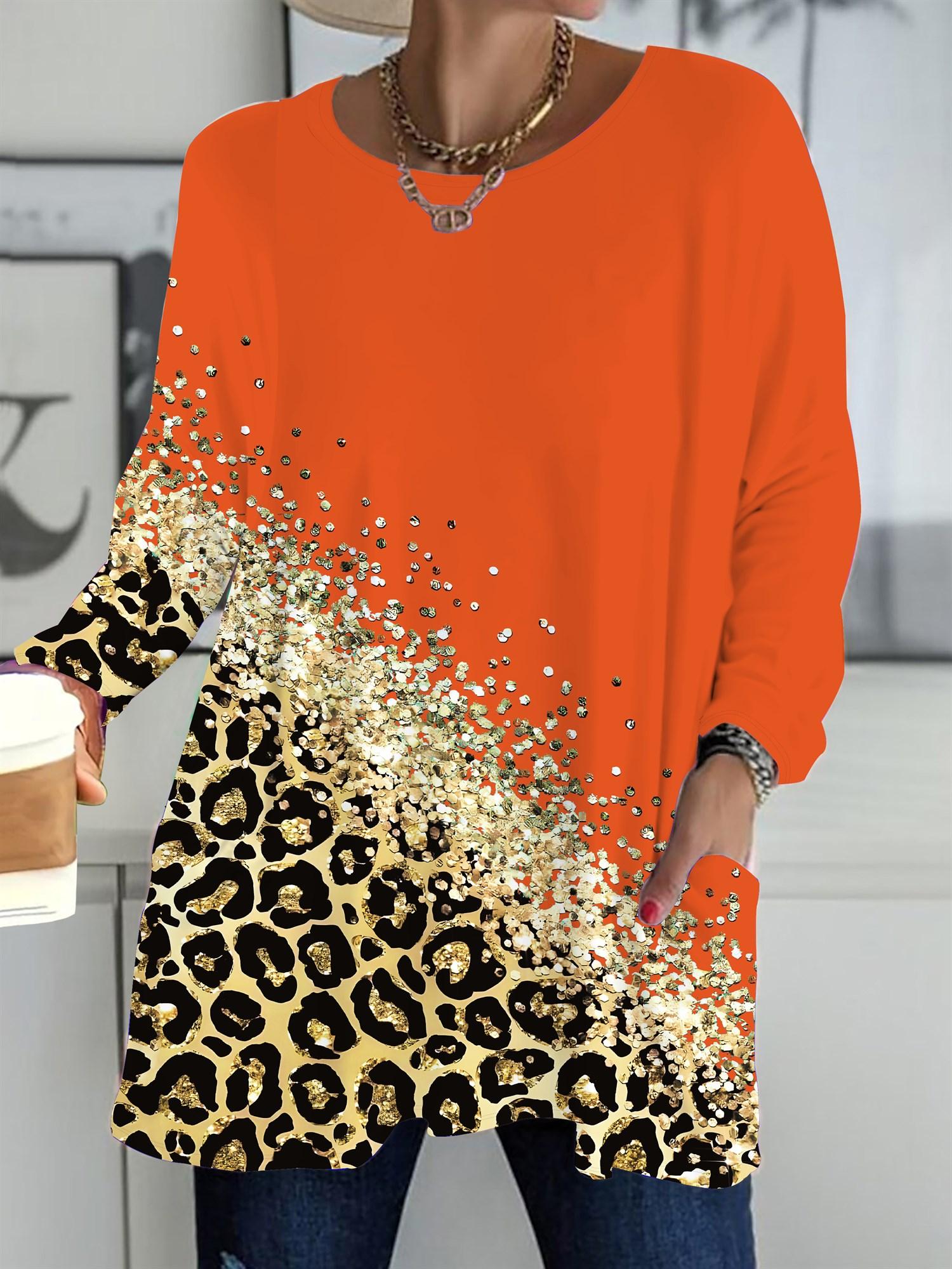 

2025 Осень Зима Новые Женские Топы Большого Размера, Модные Футболки с 3D-принтом Леопарда с Круглым Вырезом и Длинным Рукавом 6XL красный