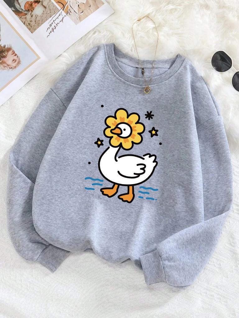 Cute Sunflower Duck Print Hoodie Women's Street Loose Pullover Basic Sports Sweater 2025 Autumn and Winter Warm Women's Clothing