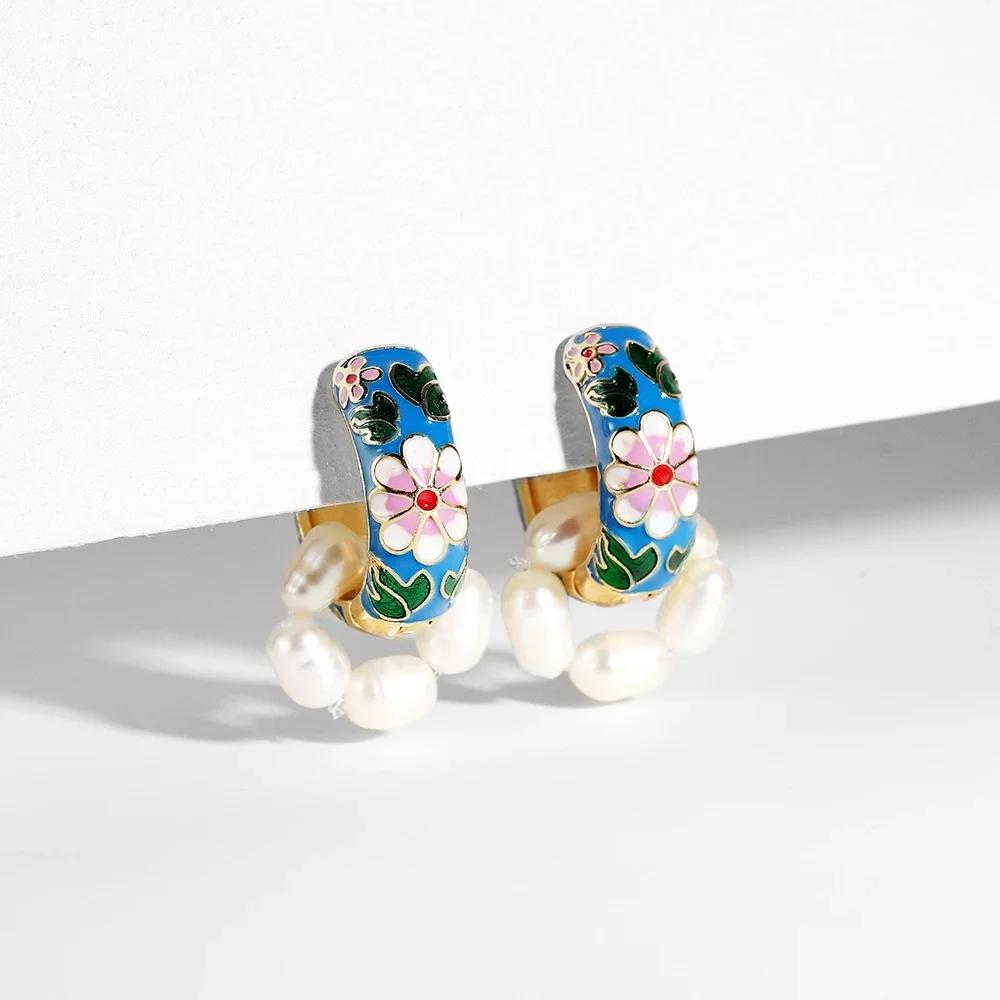 Vintage Multicolor Enamel Flower Round Hoop Earrings Boho Gold Color Circle Round Earrings Statement Jewelry Gifts for Women
