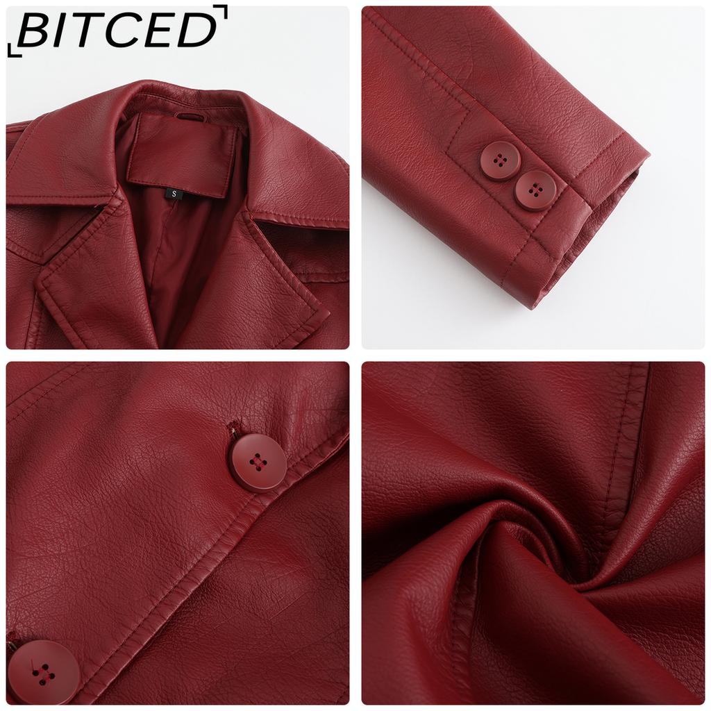 BITCED Long-Length Leather Coat Spring/Autumn Long-Sleeved Leather Trench Coat Stylish British-Style Outerwear Polo Neck Single-Breasted