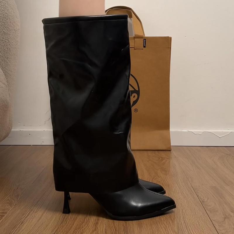 Winter Street Pointed Toe Women Knee High top Thin Heels Female Sexy Splicing Party Long Booties De Muje