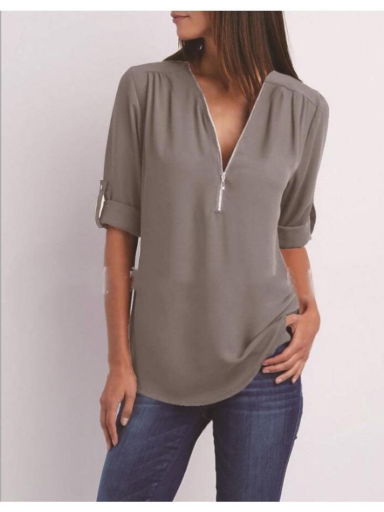 Women's Plus Size Loose Fit V-neck Chiffon Shirt with Long Sleeves and Adjustable Zipper
