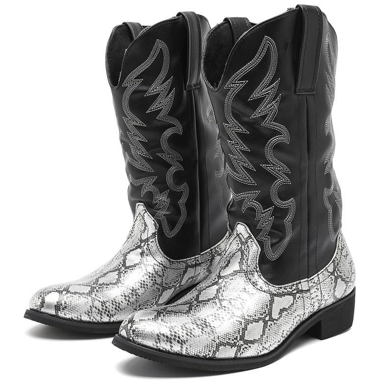 Men's Mid-Calf Snake Print Leather Western Cowboy Boots