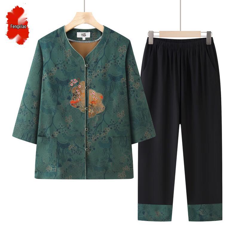 Women s Floral Print Mid-Sleeve Summer Two-Piece Set 2XL