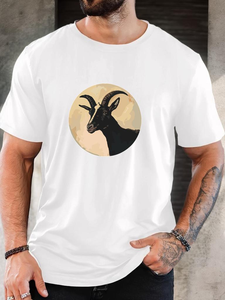 Vintage Circle Black Goat Head Portrait Graphic Print Unisexs Crew Neck Short Sleeve Tee Soft Street Daily Basic Casual Outfit Wear