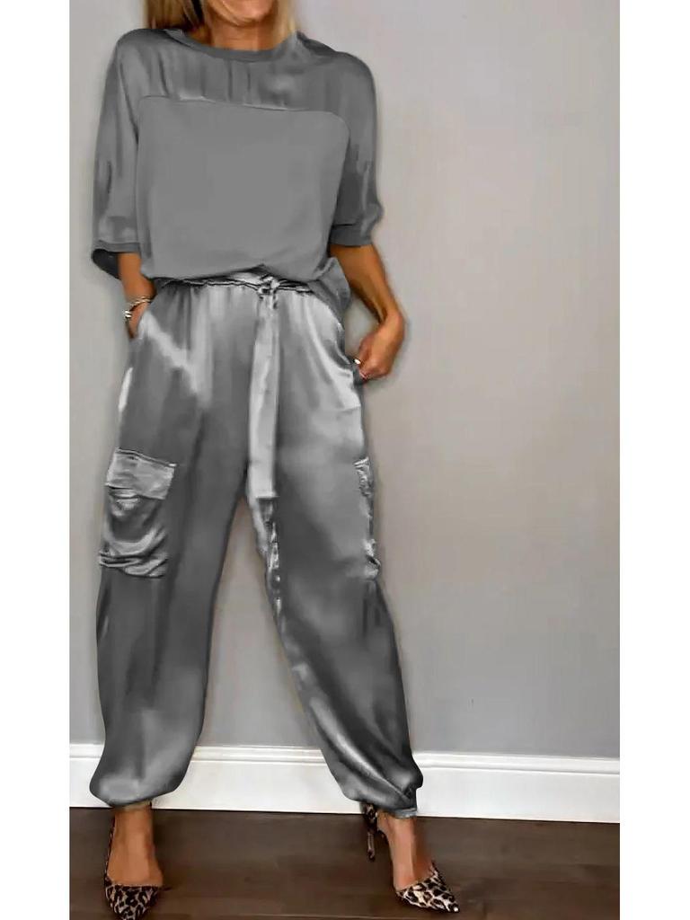 2024 European & American Women's Satin Half-Sleeve Top and Pants Two-Piece Set