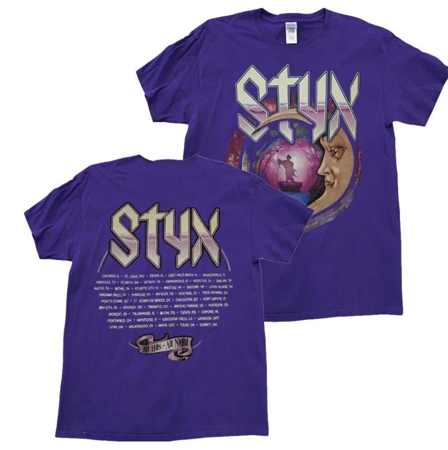 

Rare STYX Concert Purple Hits All Night Short Sleeve Adult T-Shirt GE503 Unisex T-Shirt XL
