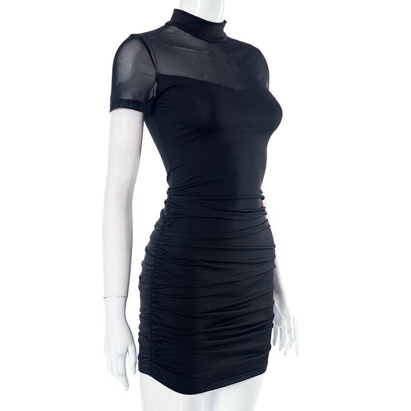 Women's Dress Summer Half High Neck Short Sleeve Fashion Sexy Mesh Yarn Wrap Hip Dresses