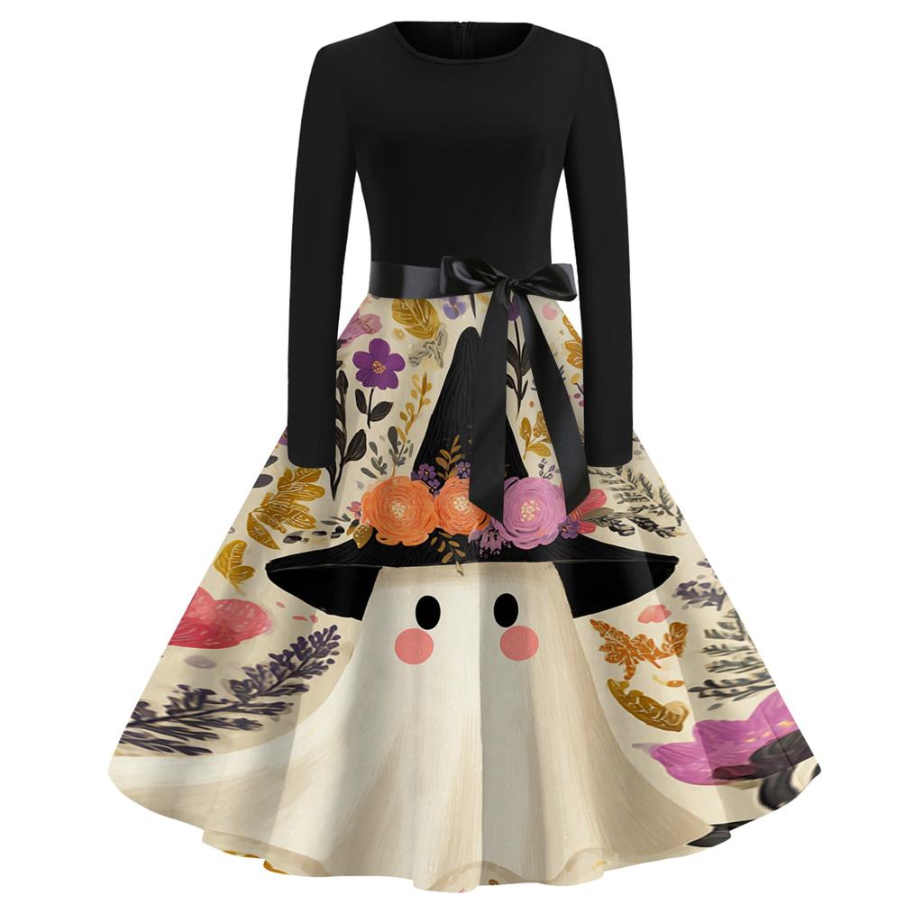 Women's Casual Vintage Halloween Print Dress Long Sleeve Round Neck Retro Swing Skater Dress with Waist Tie for Fall and Winter