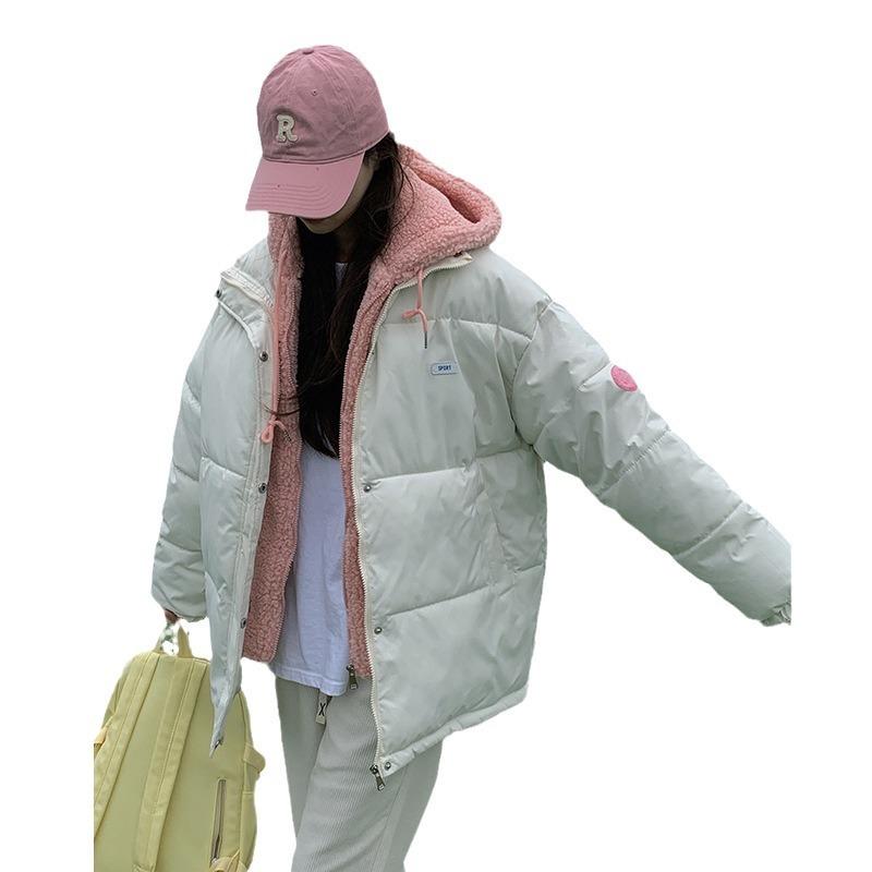 Lamb wool fake two pieces of down cotton jacket for women, 2025 new couple collegiate style loose thickened padded jacket trend