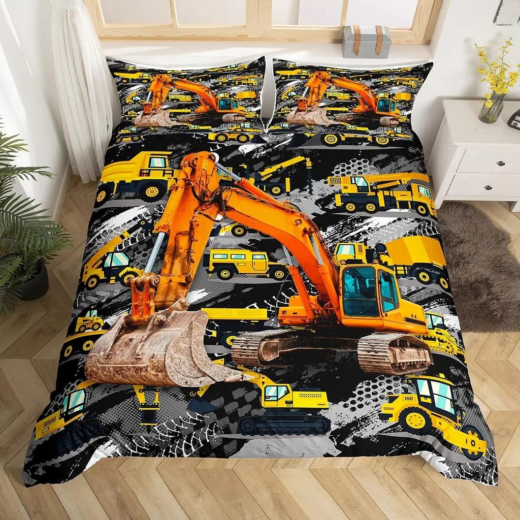 Excavator King Queen Duvet Cover Cartoon Construction Truck Bedding Set for Kids Boys Girls Tractor 2/3pcs Polyester Quilt Cover