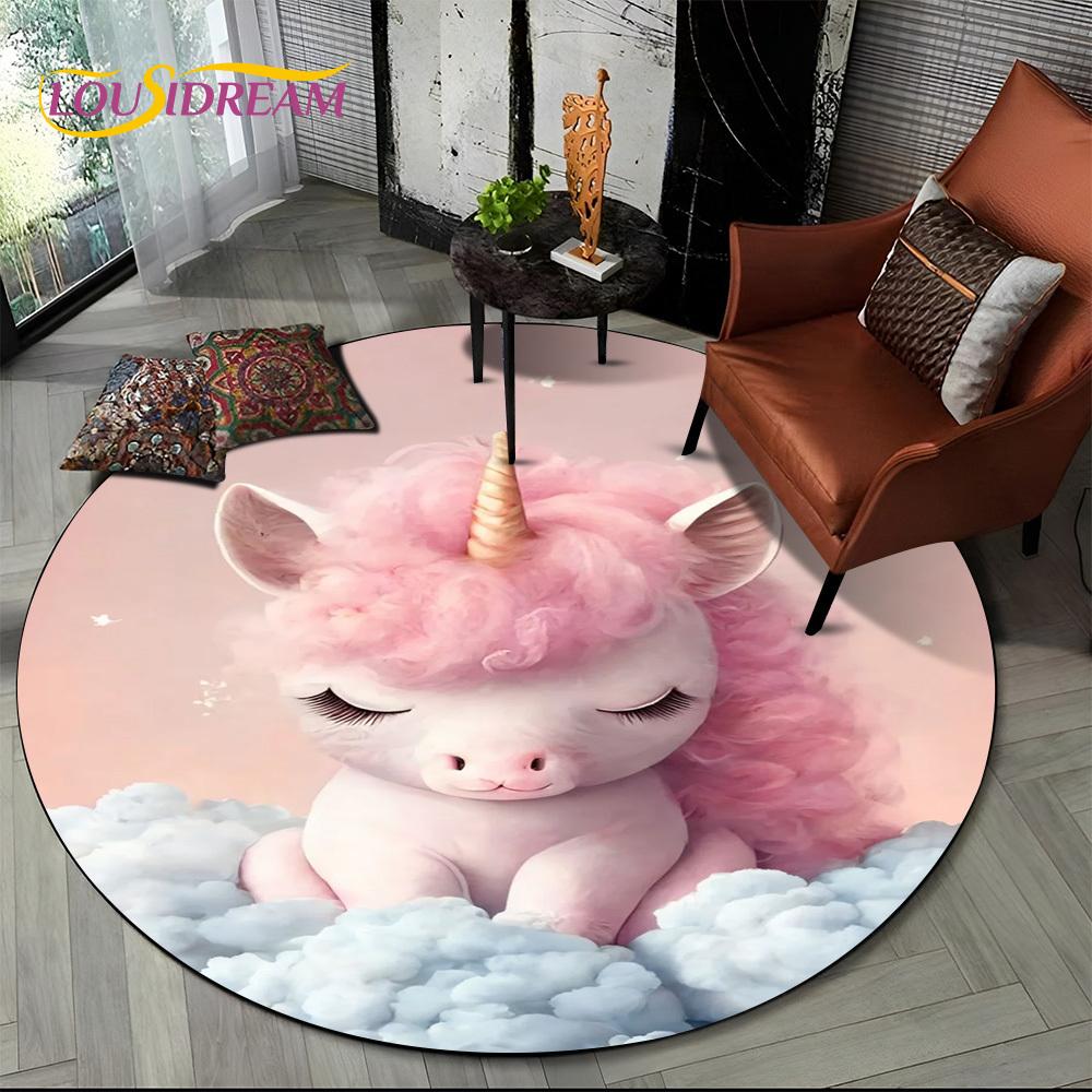 3D Cute Unicorn Cartoon Girl Gift Round Carpet Rug for Living Room Bedroom Child Playroom Decor,Pet Area Rug Non-slip Floor Mat