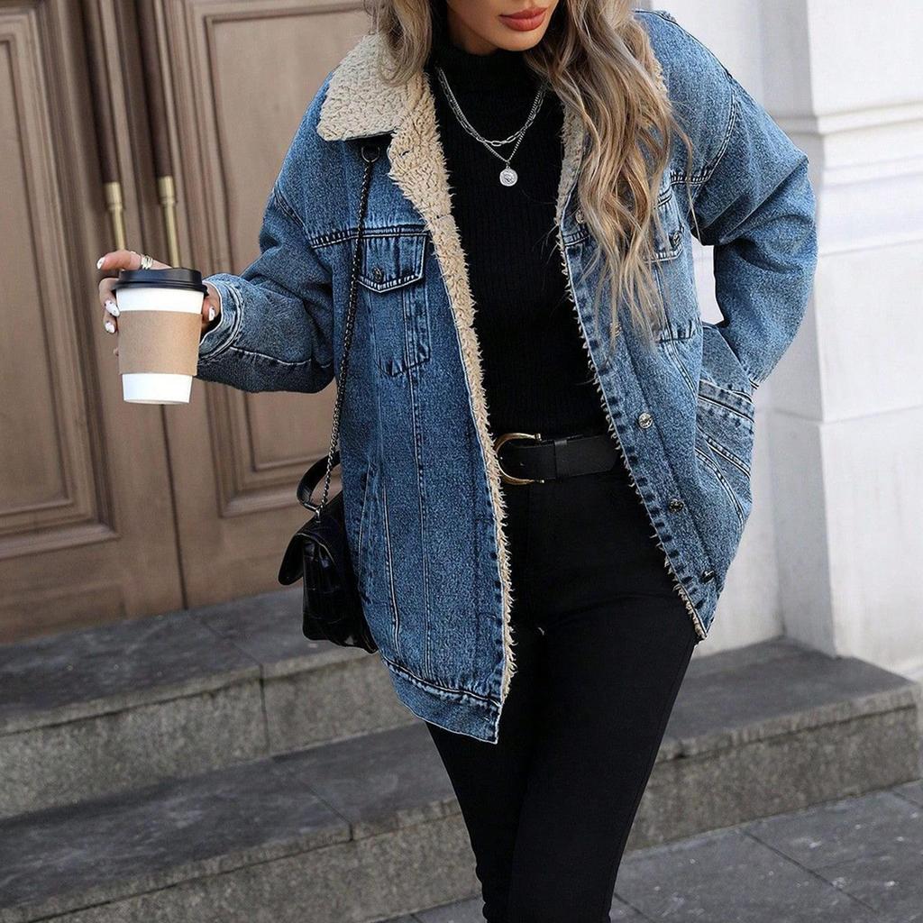 Women's Casual Fashion Long-sleeved Solid Color Loose Plus Velvet Denim Cotton Coat Denim Jacket