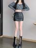 2024 Spring High Waist Black PU Leather A-Line Mini Skirt for Women