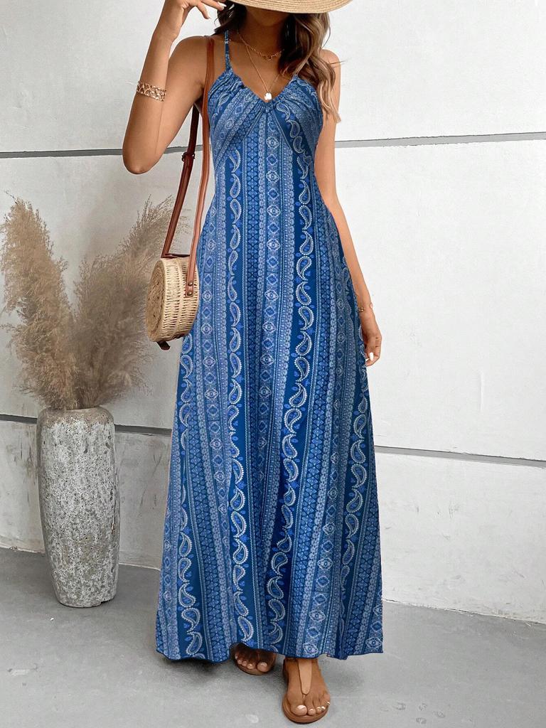 2026 Spring/Summer Women's Fashion Spaghetti Strap Printed Beach Slit Dress