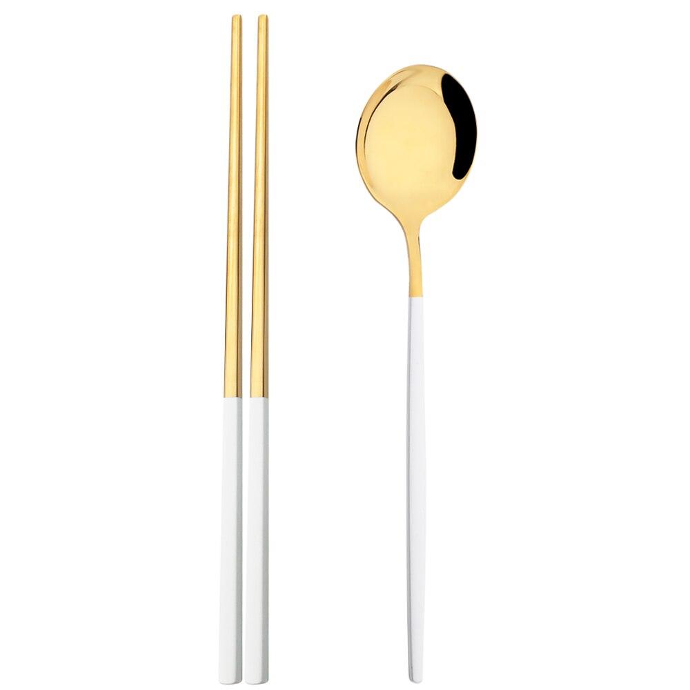 Gold 2Pcs Stainless Steel Tableware Set Mirror Dinner Spoon 304 Chopsticks Cutlery Set Lunch Dinner Set Portable Travel Dinnerware