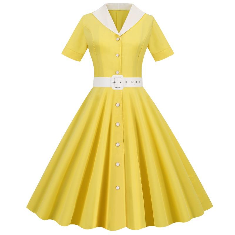 Summer Temperament Women's Clothing Flip V-neck Short-sleeved Belt Waist Net Color Retro Pendulum Dress