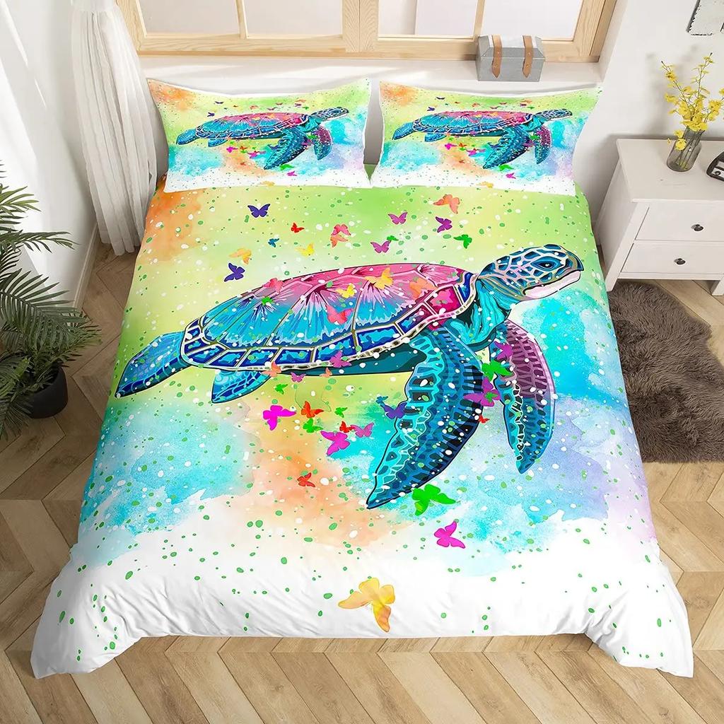 Turtle Bedding Set Nautical Coastal Duvet Cover White Blue Sea Comforter Cover Reptile Tortoise Animal Polyester Quilt Cover