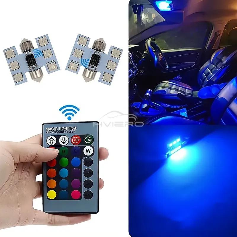 C5w Car Led RGB 5050 6SMD 31mm-41mm Festoon Dome Door Lights Automobile Remotes Controller Colorful Lamps Roof Atmospheres Bulbs