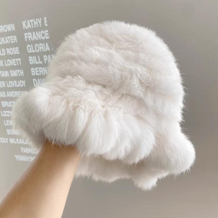 Real Rabbit Fur Hat Women's Winter Warm Double-sided Woven Thickened Ruffle Edge Bucket Hat Temperament Top Hat Basin Hat