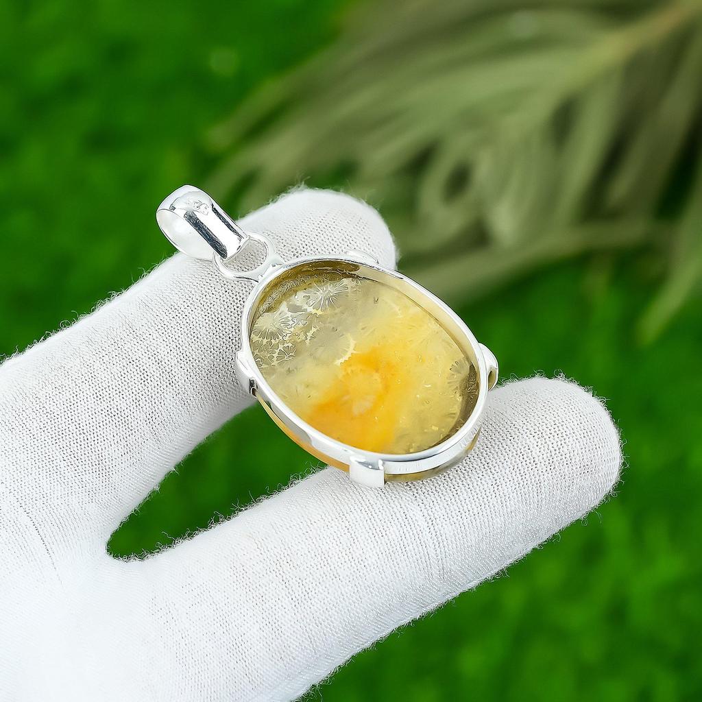 Wedding Gift For Her 925 Sterling Silver Natural Fossil Coral Gemstone Pendant