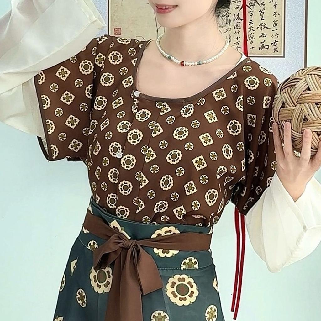  Original Tang Hanfu Women Tang Trousers Round Neck Shirt Waist-length Eight-thorn Skirt Daily  