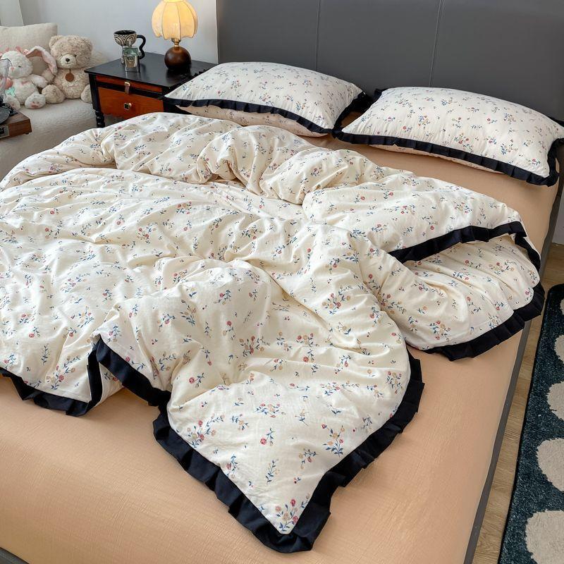 INS French Style Floral Simple Black Lace Double Layer Gauze Bedding Set Washed Cotton Bed Sheet Fitted Sheet Fresh Quilt Cover